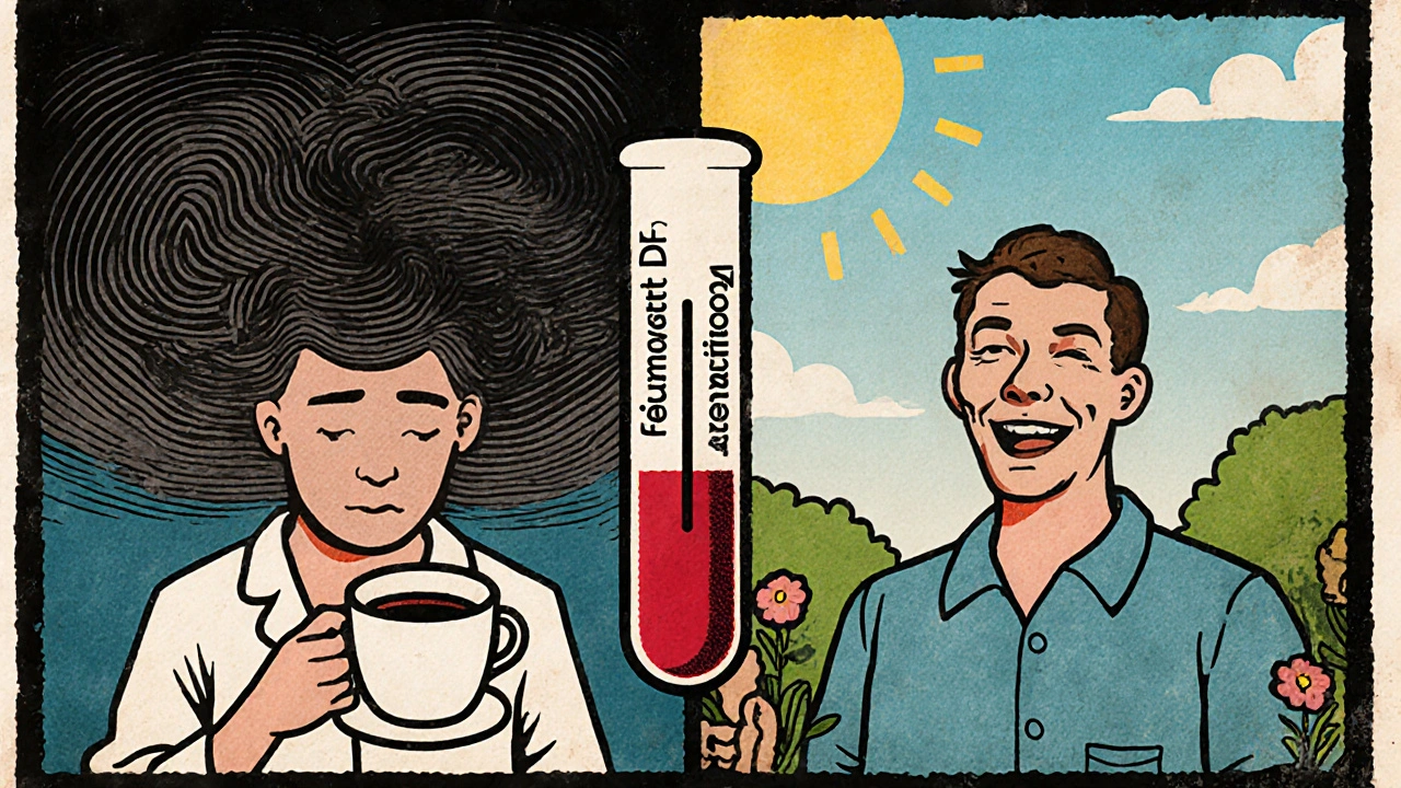 A man shown in two states — emotionally drained versus joyful — separated by blood test results and switching medications.