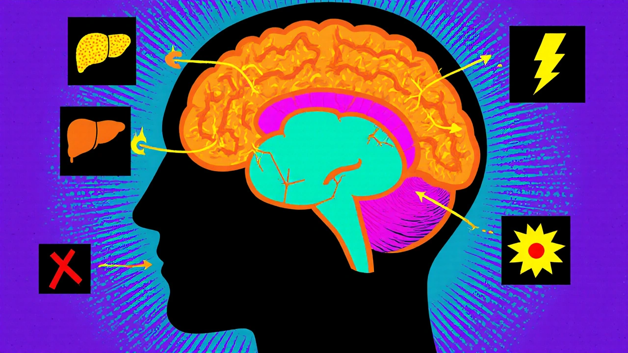 Cartoon brain cross‑section showing dopamine, orexin, and histamine pathways with drug icons.