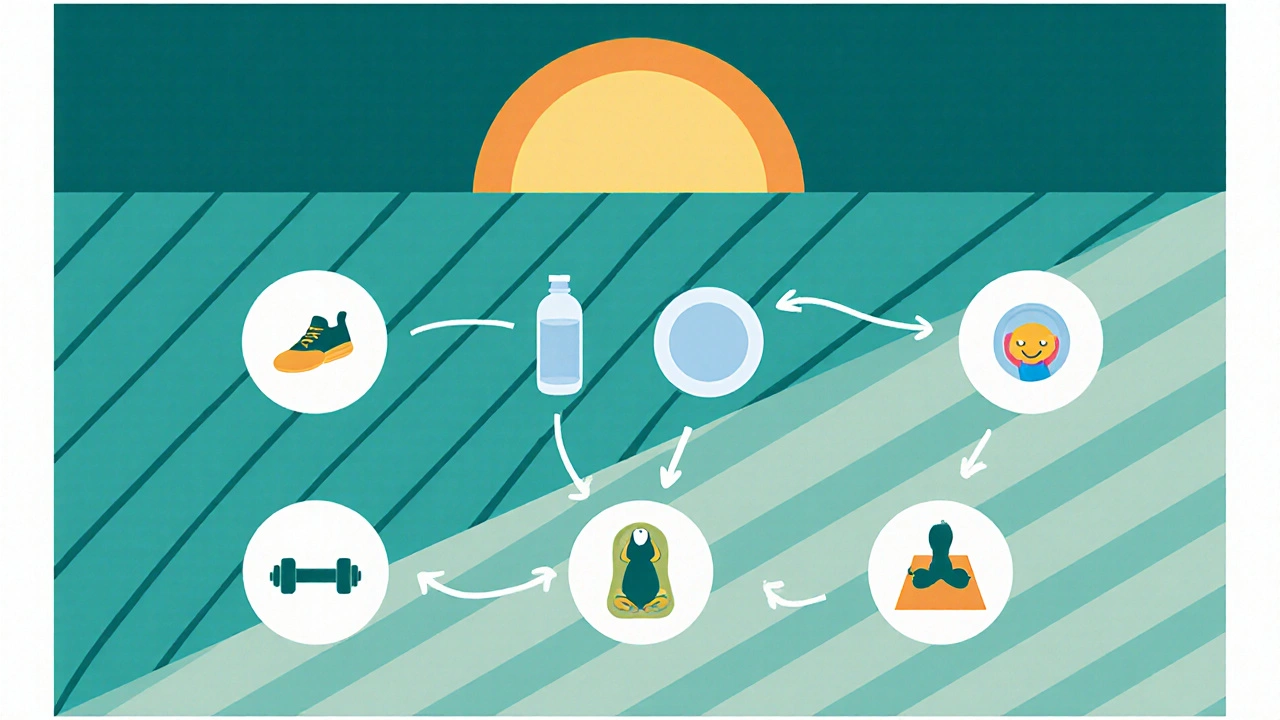 Cartoon daily schedule showing walking, water, resistance, and yoga icons for a balanced routine.