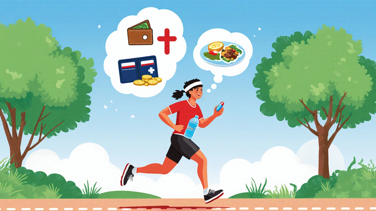Cartoon of a person jogging, thinking about budget, safety, and diet while holding a pill.