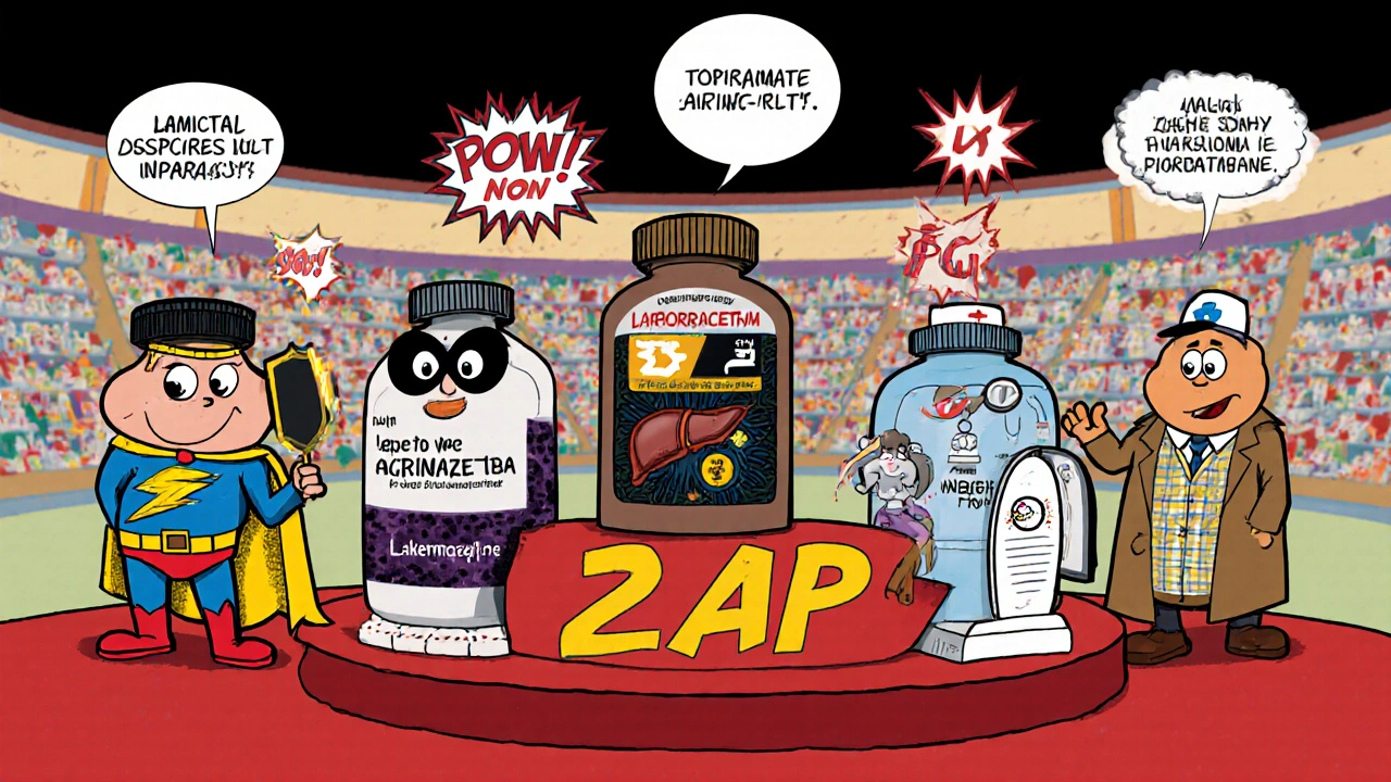 Cartoon pill bottles representing different anti‑seizure drugs.