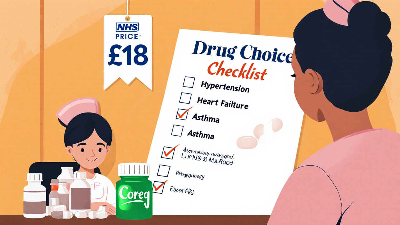 Checklist scene with patient, nurse, and pill bottles highlighting Coreg and alternatives.