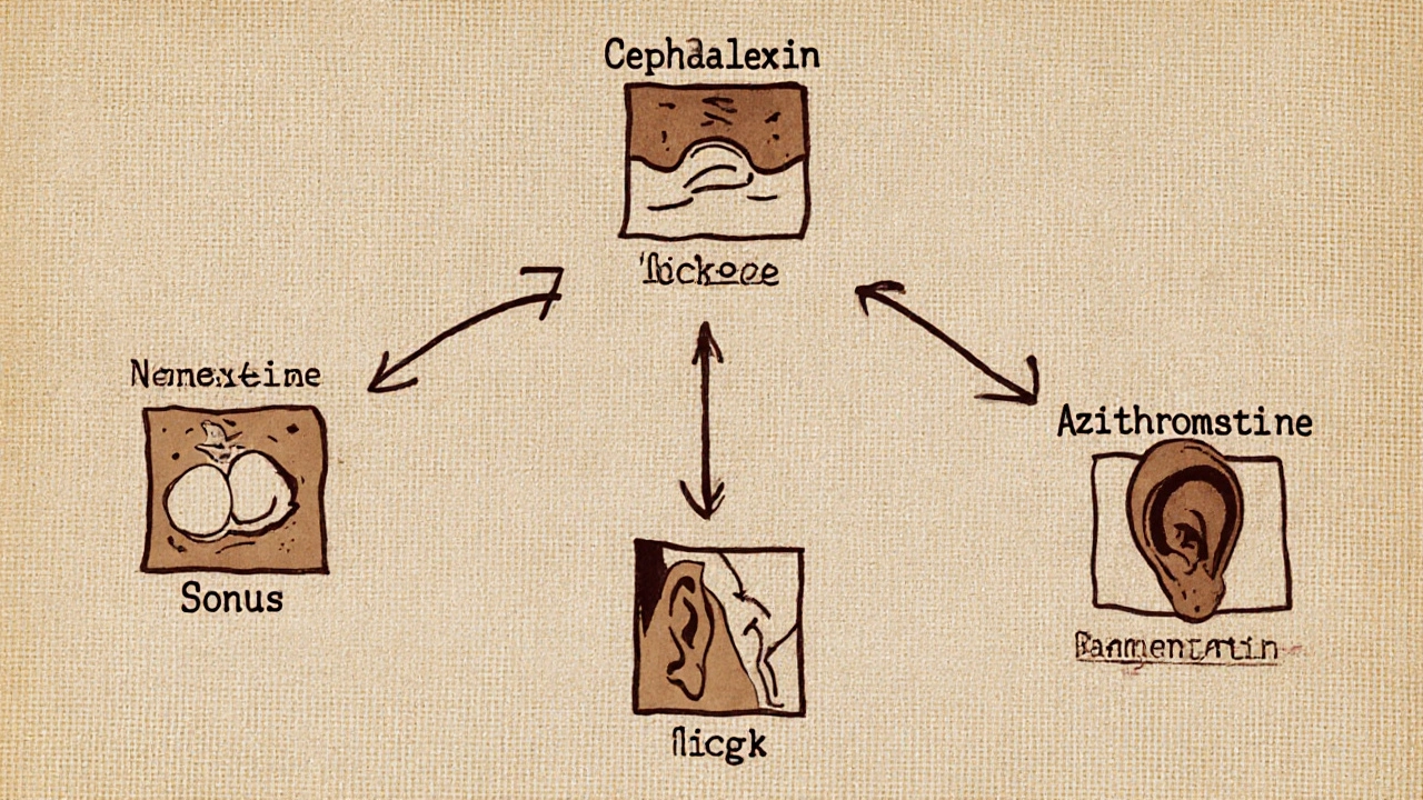 Colorful decision tree chart showing antibiotic choices leading to different infection scenarios, vintage educational poster design.