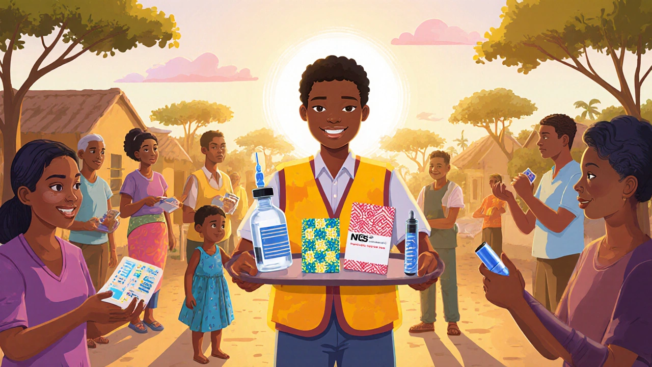 Community health worker presenting various ivermectin delivery devices to villagers in cartoon style.