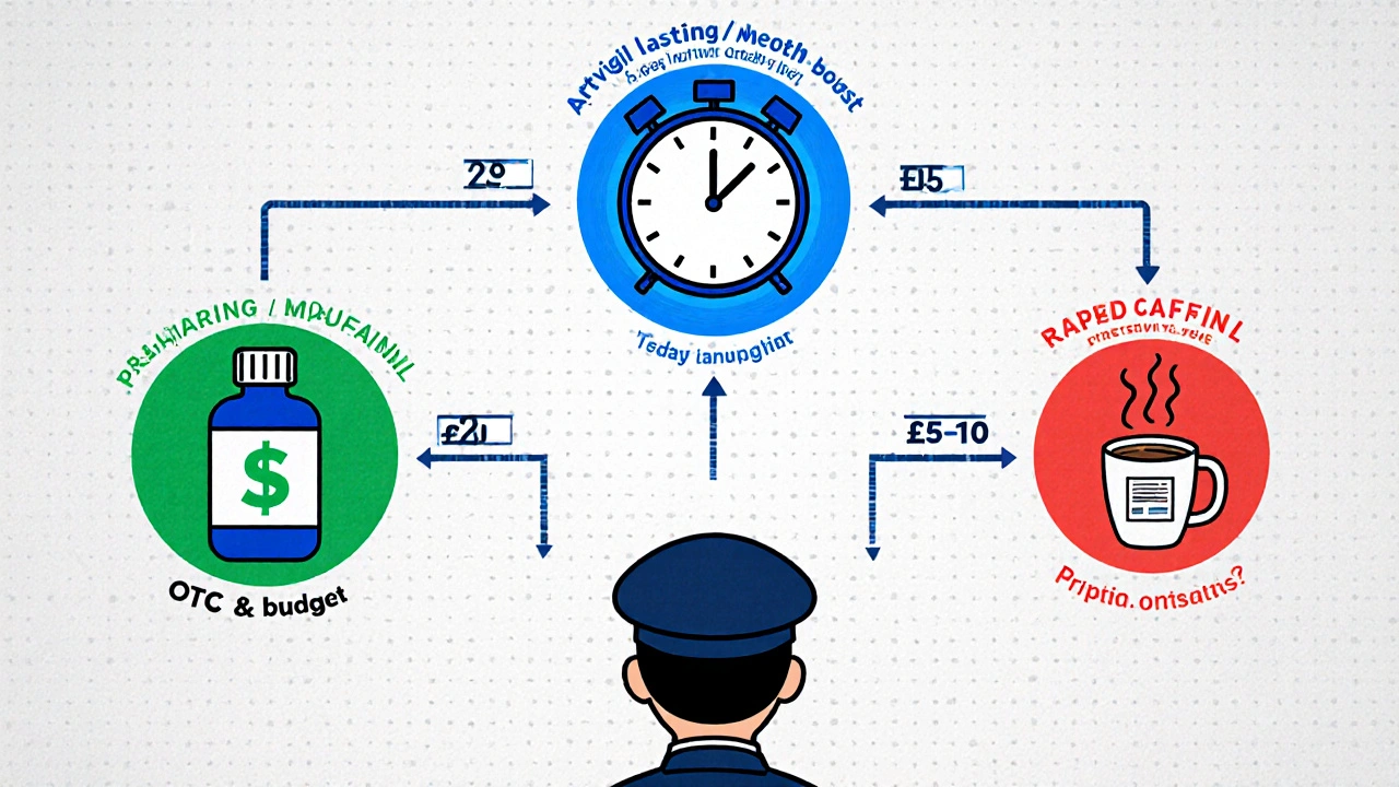 Decision‑tree cartoon helping a night‑shift worker choose between Artvigil, adrafinil, and caffeine.