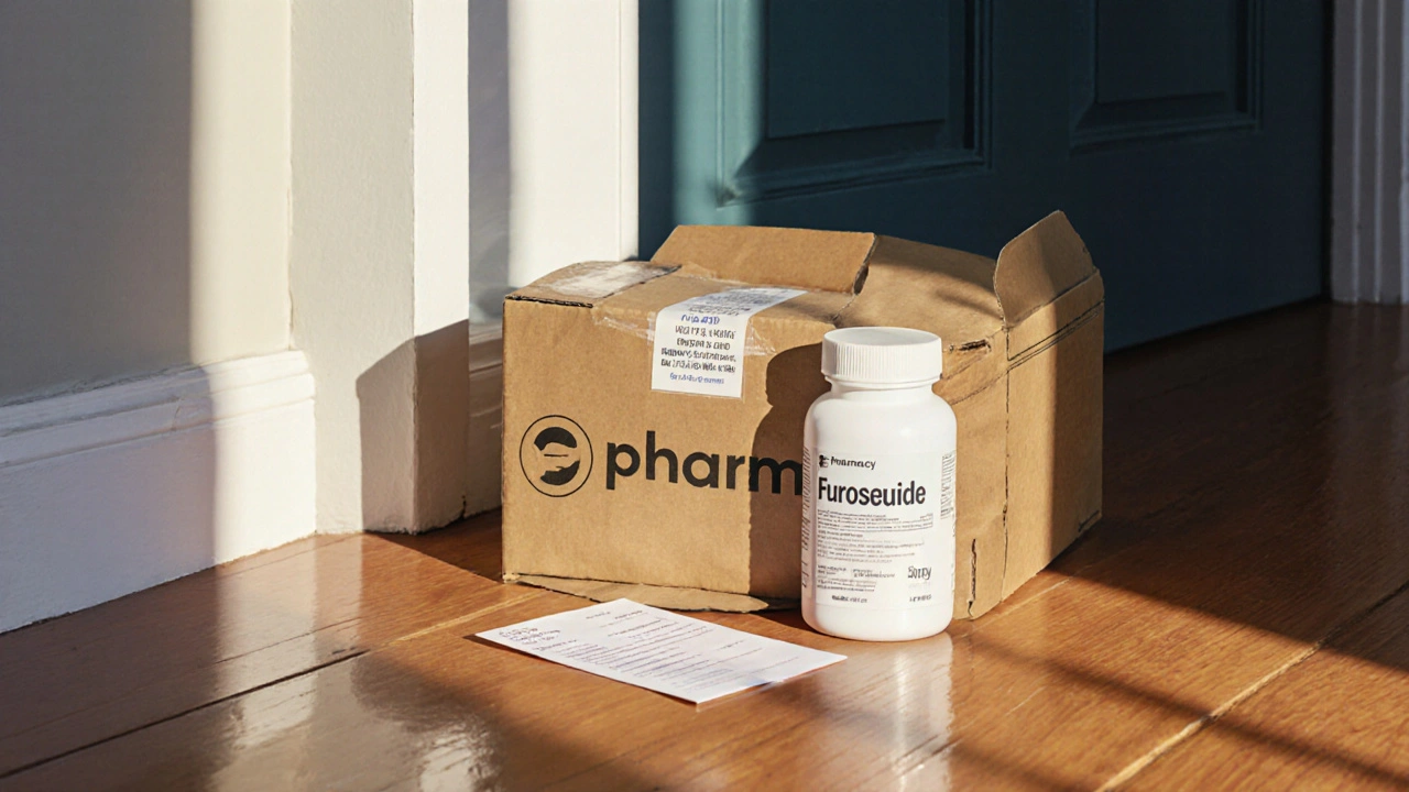 Delivered box open on a doorstep revealing a furosemide bottle and receipt in warm lighting.