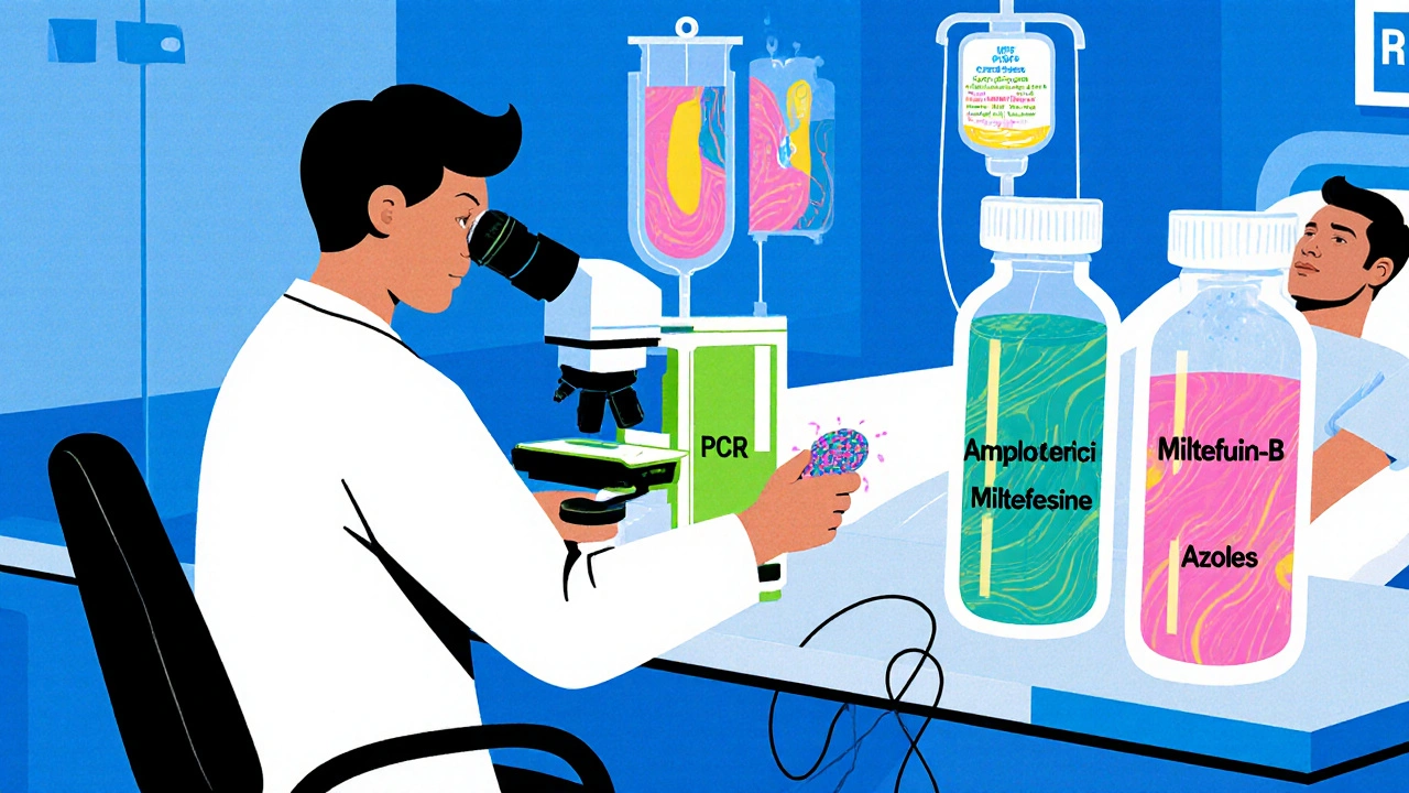 Doctor at microscope next to PCR machine, patient in bed with colorful medicine vials.
