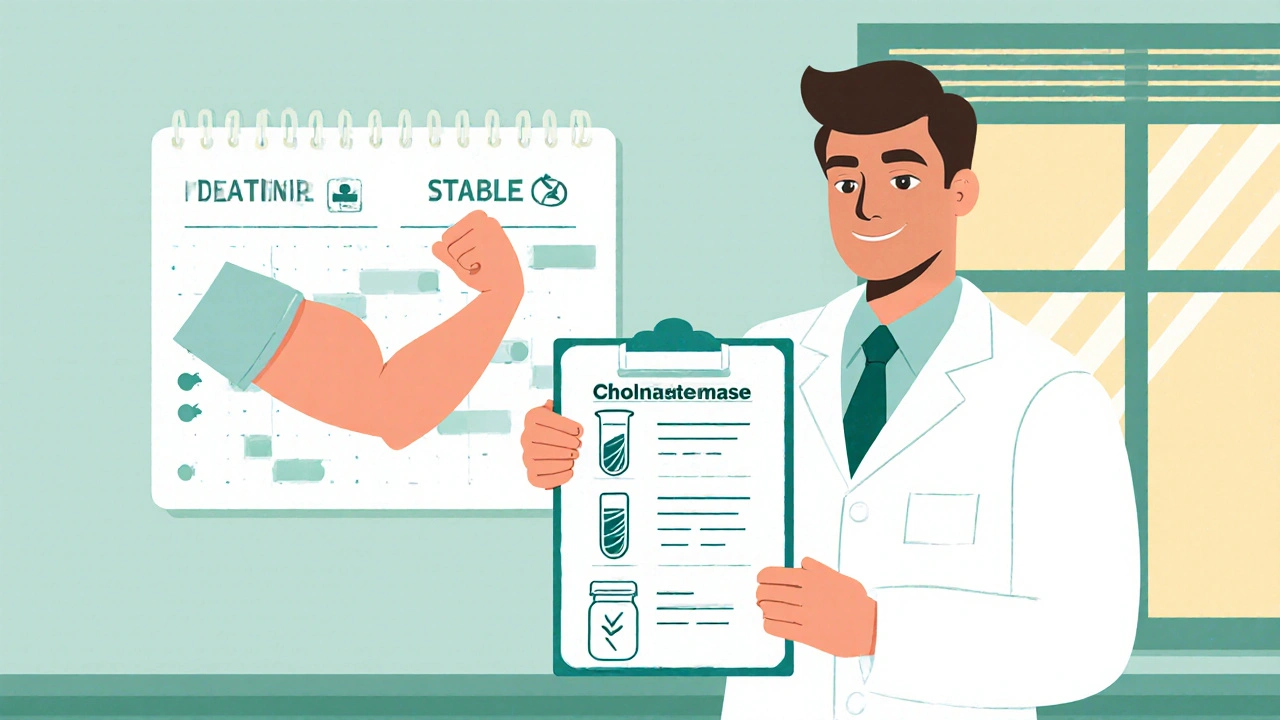 Doctor showing clinical, lab, and medication icons on a clipboard with a calendar.