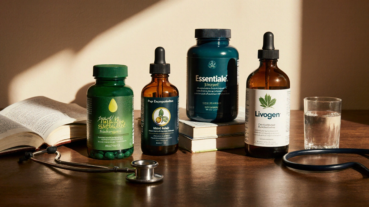Five different liver‑support supplement bottles displayed with medical items on a walnut table.