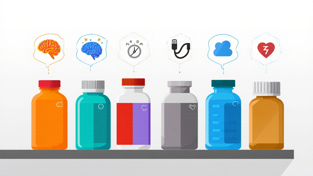 Flat illustration of seven medication bottles with distinct colors and small icons indicating their uses.