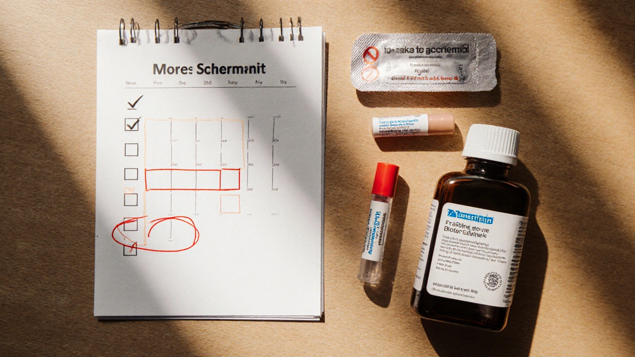 Flat‑lay of medication, blood test kit, lip balm, contraceptives, and a ticked safety checklist.