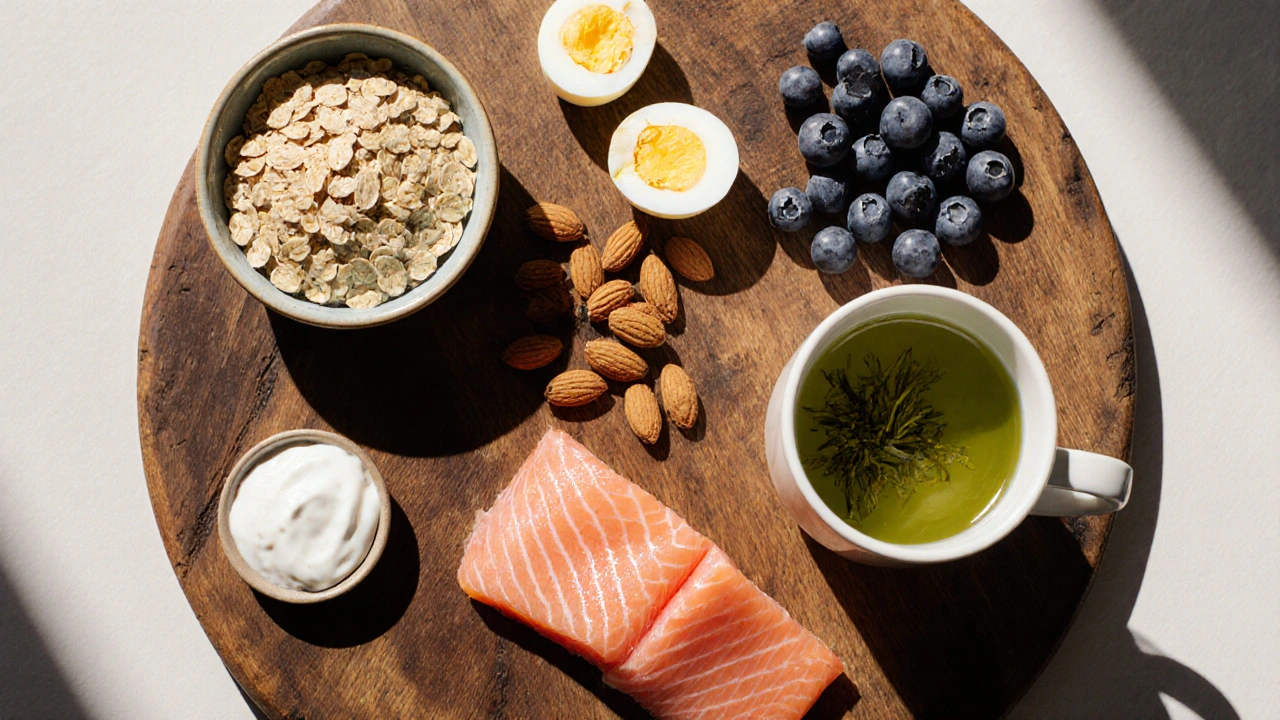 Flat lay of oats, egg, blueberries, almonds, salmon, Greek yogurt, and green tea on wood.