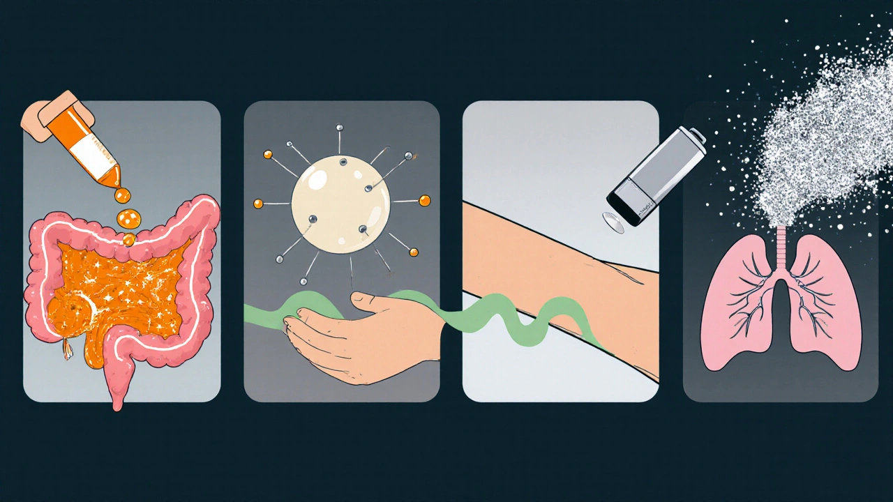 Four cartoon panels showing nanoparticle suspension, liposomal injection, skin patch, and inhalable powder.