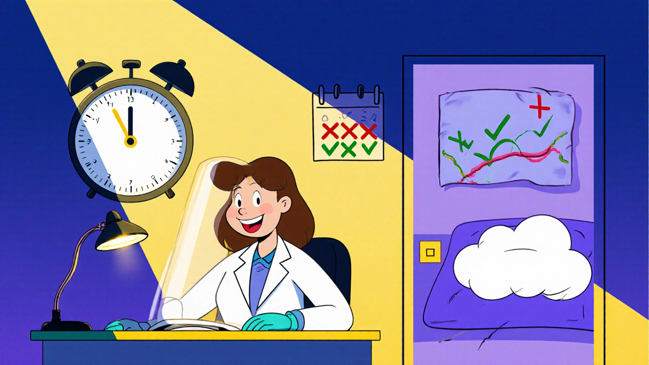Happy cartoon analyst Jane at a shaded desk with flexible clock and quiet room, calendar shows fewer absences.