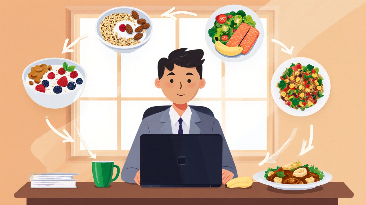 Illustrated daily routine with meals boosting energy, focused person working at desk.