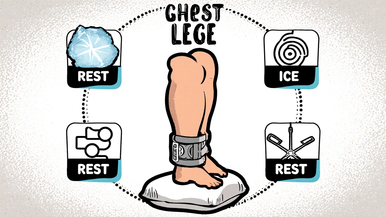 Illustration of a leg with ice pack, compression wrap, brace and elevation for RICE.