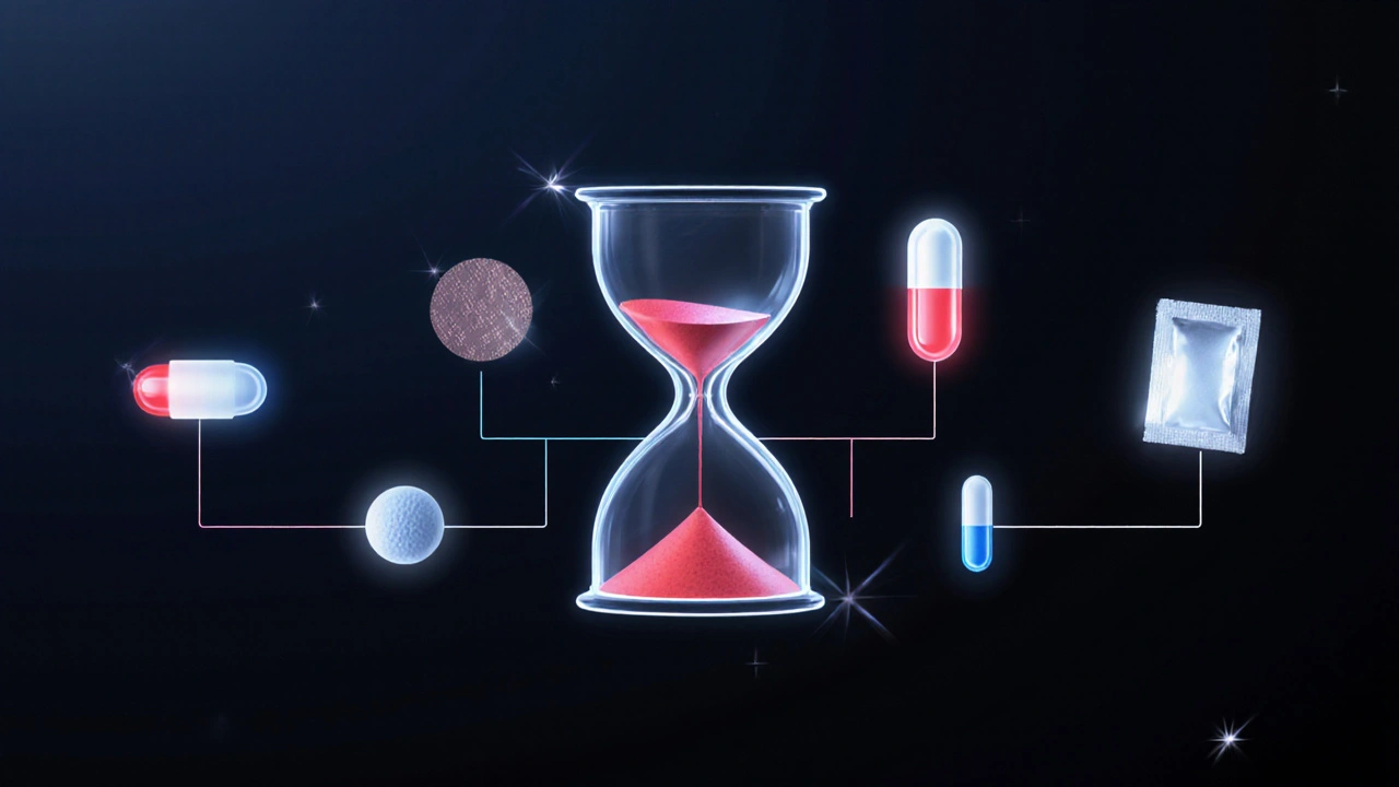 Illustration of various ED meds floating around a timeline with colored glows.