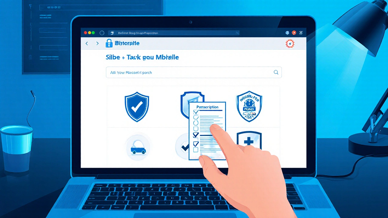 Laptop screen showing an online pharmacy checklist with icons and a hand uploading a prescription.