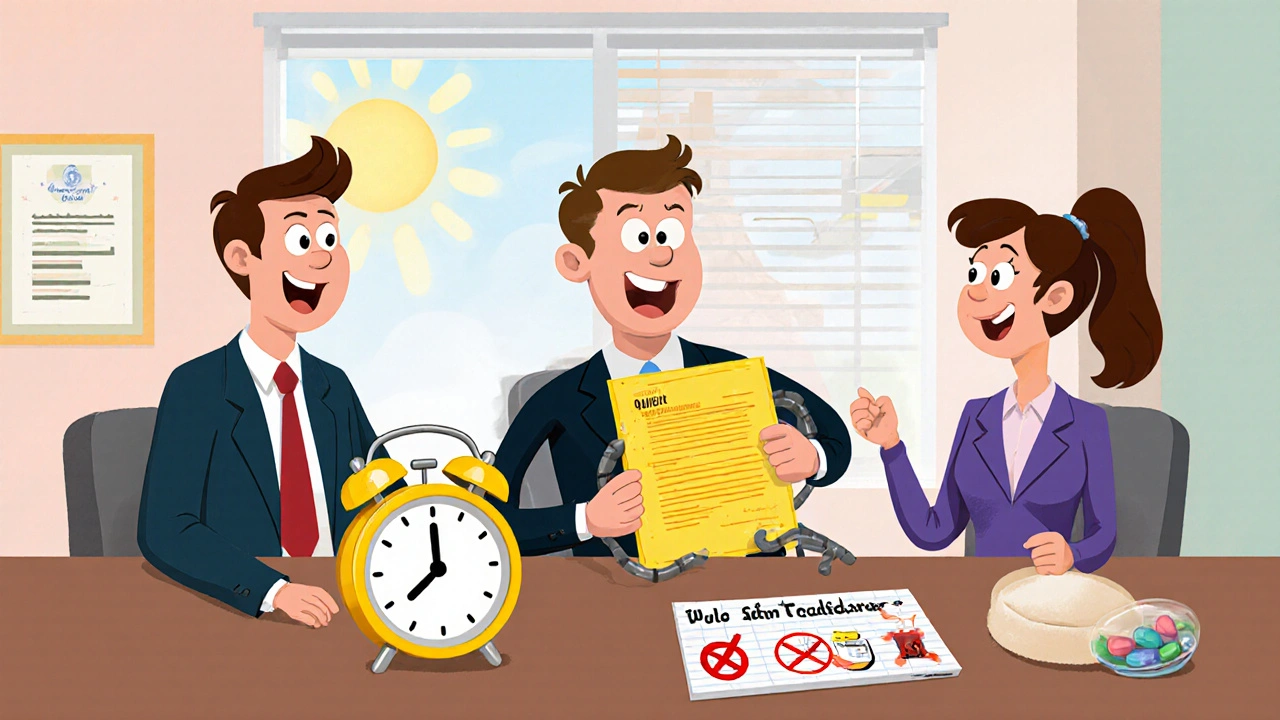 Looney Tunes office meeting with manager, HR, and employee holding a medical certificate, showing adjustments.