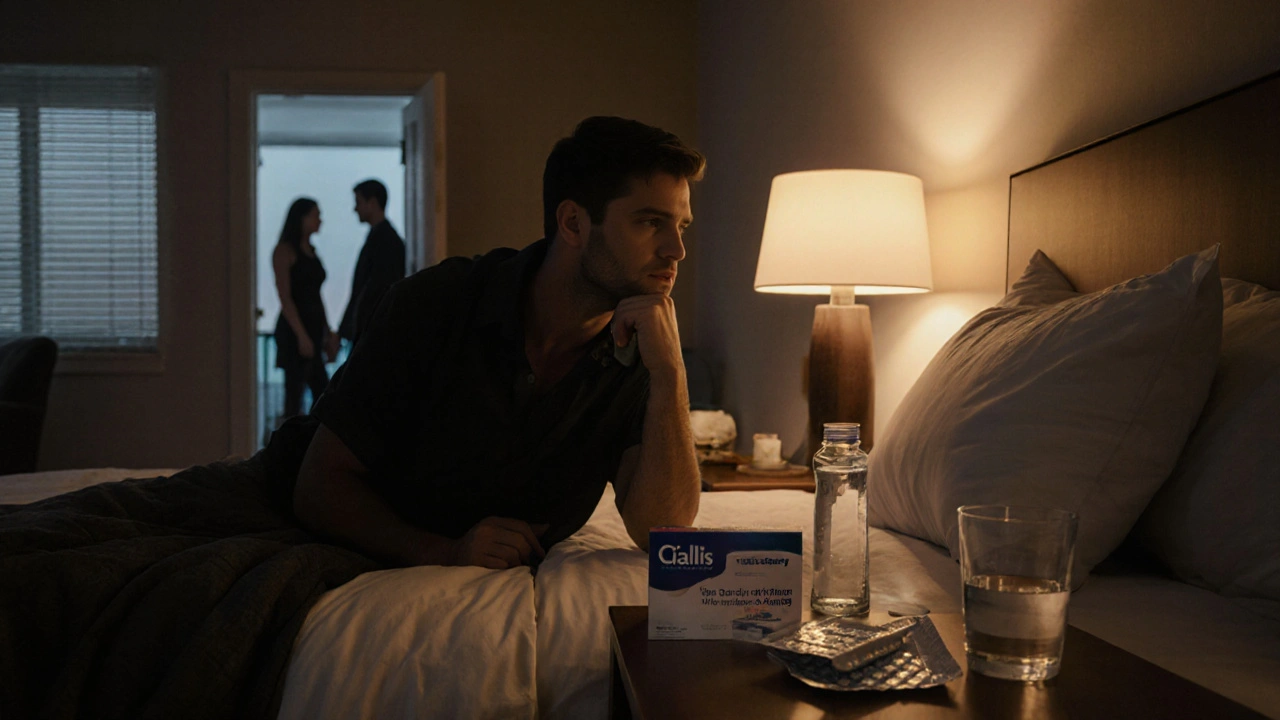 Man in bedroom contemplating different medication options on nightstand.
