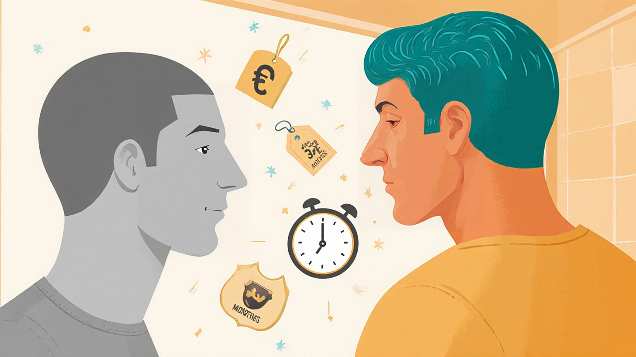 Man looking in mirror with half thin hair, half thick hair, plus icons for cost, time, and safety.