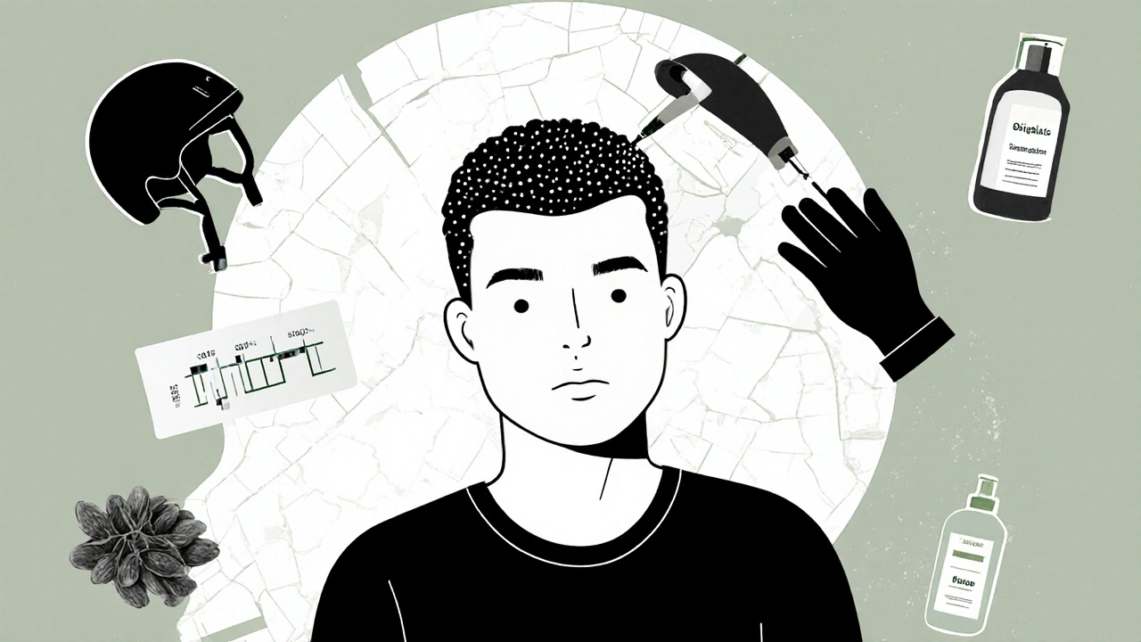 Man receiving scalp micropigmentation, surrounded by icons of hair loss treatments in soft focus.