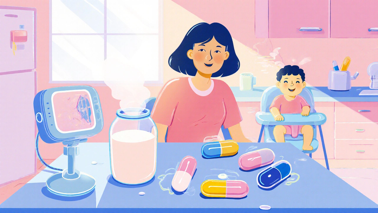 Mother at a table with a bottle of milk, colorful medication capsules, and a baby monitor, showing safe drug options.