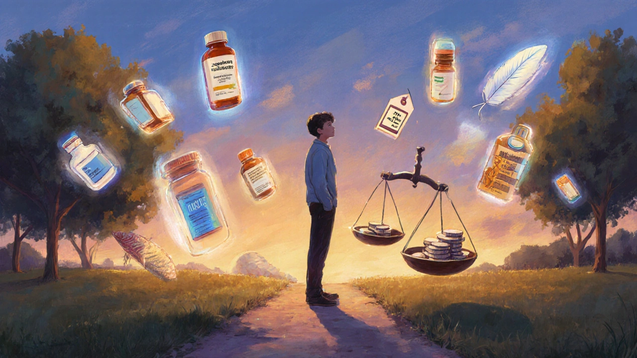 Painterly scene of a person at a path fork, weighing medication options versus cost and side effects.
