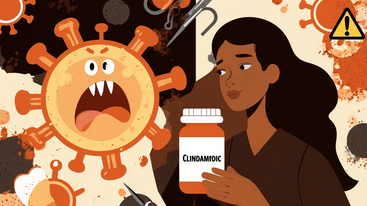 Patient holding clindamycin bottle next to a stylized MRSA bacterium, with abscess and dental icons in retro poster style.