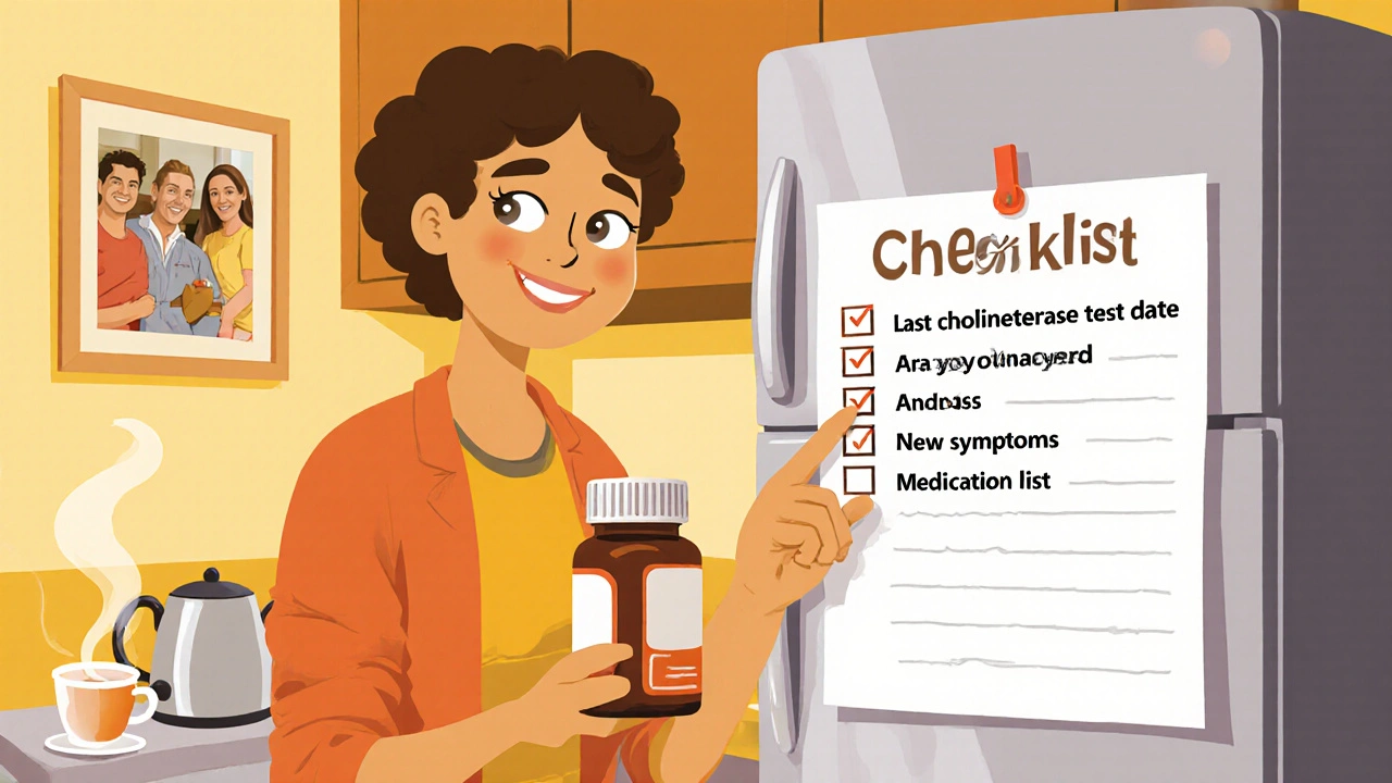 Patient reviewing a medication checklist on a fridge at home.
