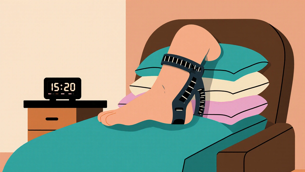Person resting with an elevated ankle on pillows, brace and timer visible.