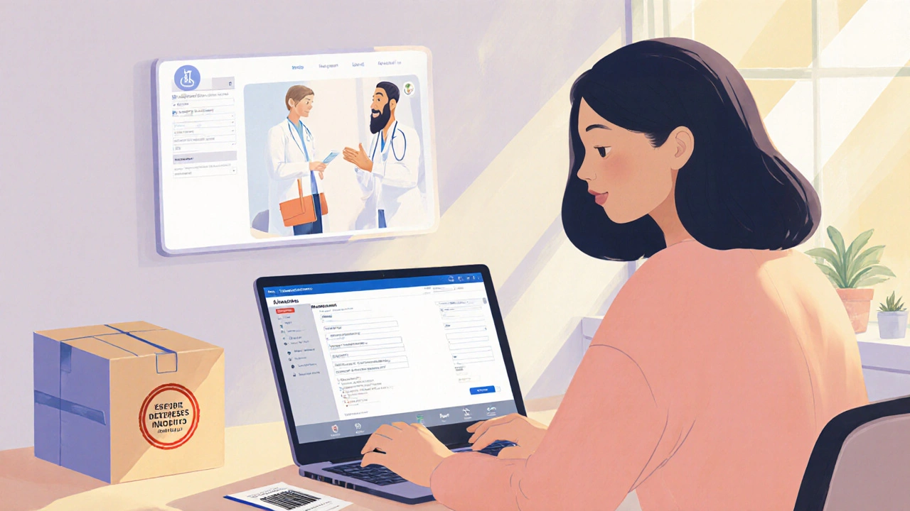 Person uploading a prescription online with a video call dermatologist and delivery box.