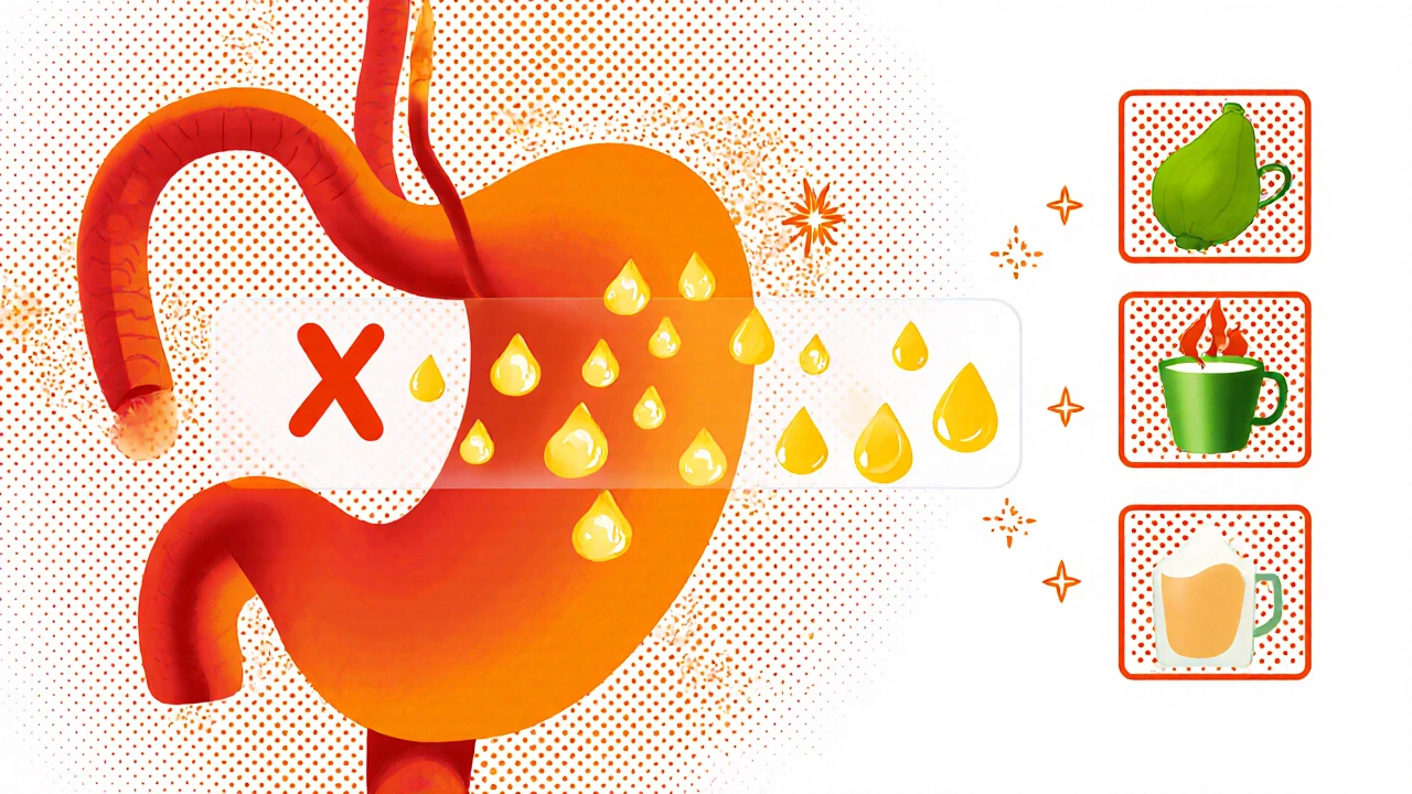 Screenprint illustration of a stomach blocking fat droplets with icons for natural supplements.
