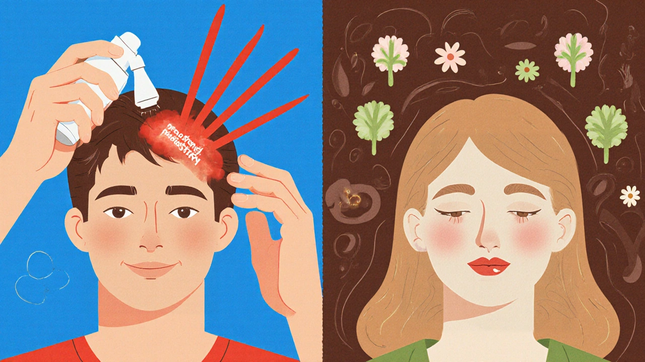 Side-by-side scenes: man using minoxidil with light waves, woman taking spironolactone with floral elements.