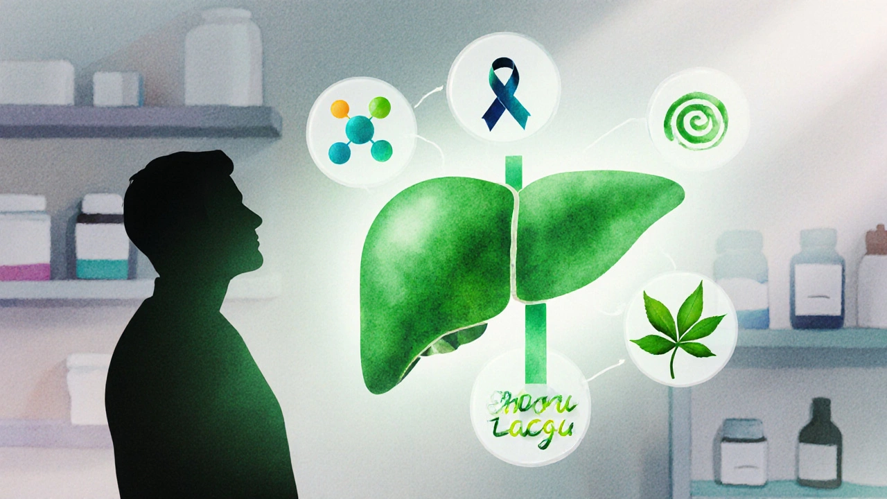 Silhouette of a person beside a glowing leaf‑shaped liver with floating antioxidant icons.