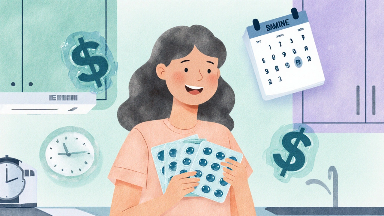 Smiling woman holding multiple acyclovir blister packs with floating dollar signs and calendar.