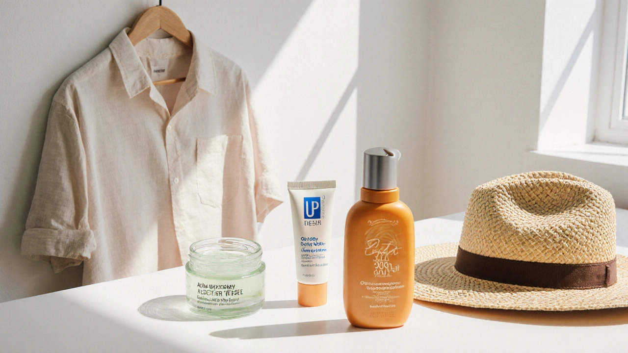 Soft pastel still life of aloe gel, moisturizer, sunscreen, hat and UPF shirt on a vanity.