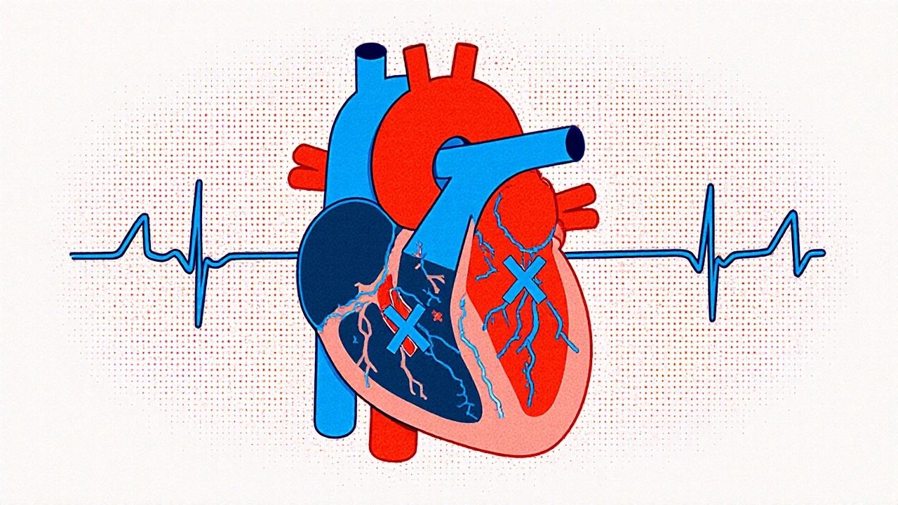Split heart diagram showing beta and alpha blockade with vessels dilating.