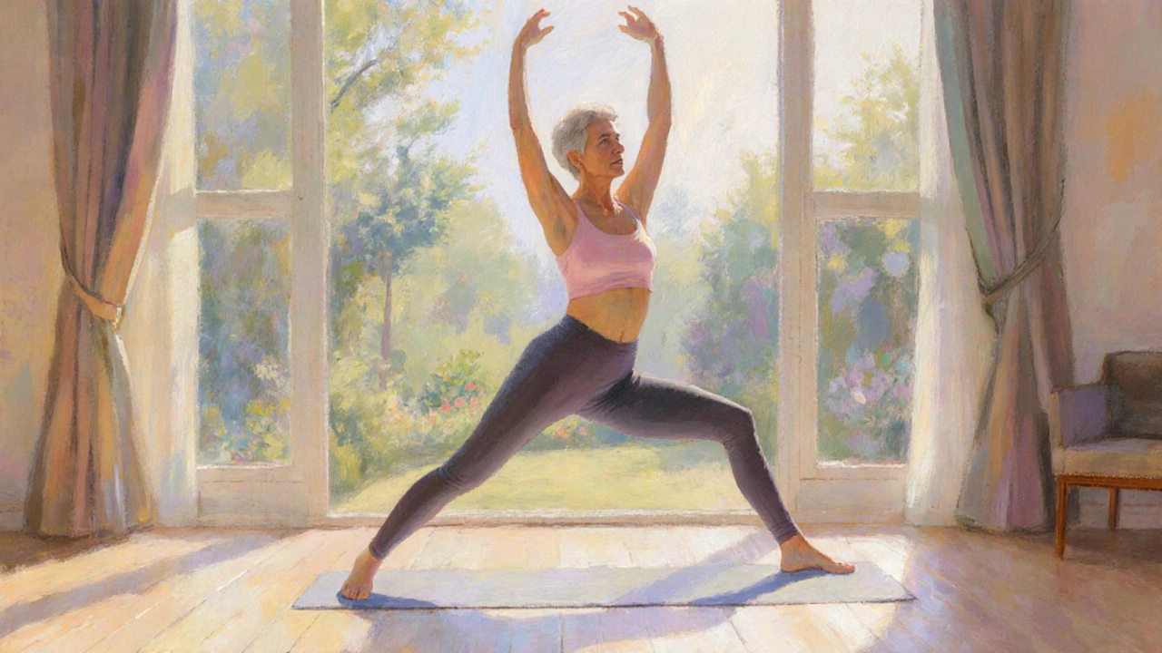Survivor practicing yoga in a bright studio, showing confidence and gentle movement.