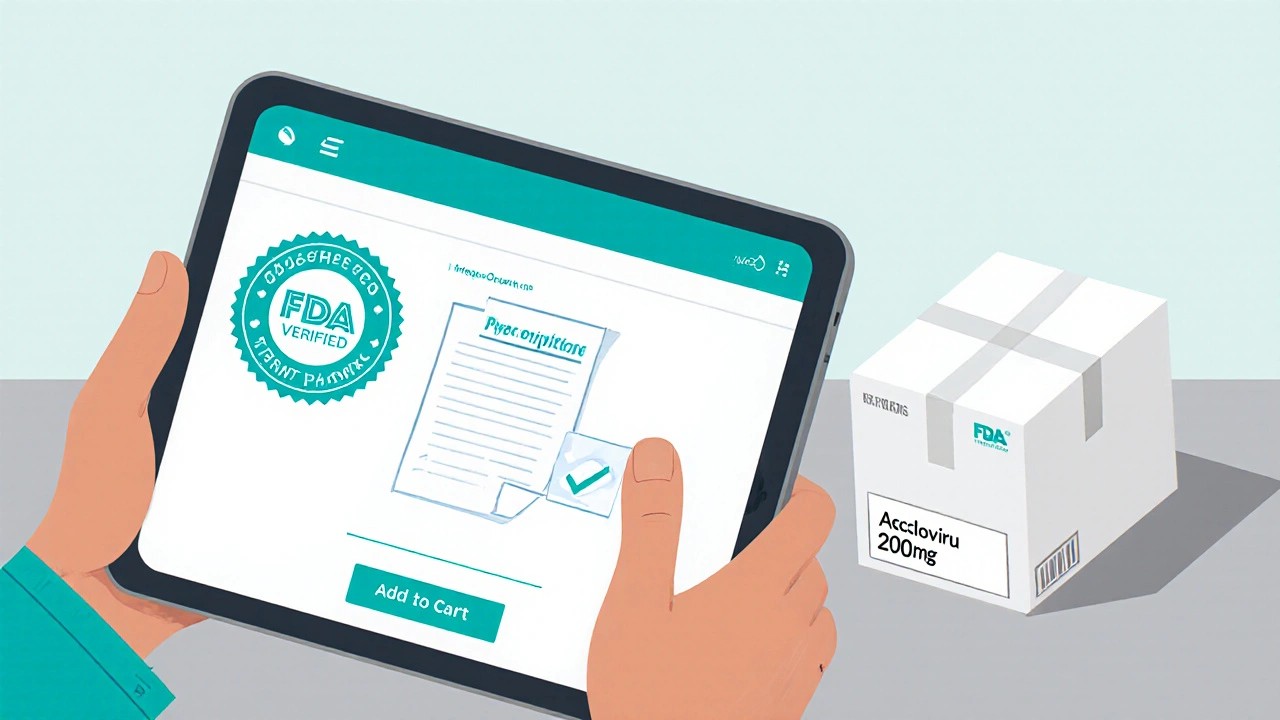 Tablet screen showing FDA‑verified pharmacy badge, prescription upload icon, and a shipping box.