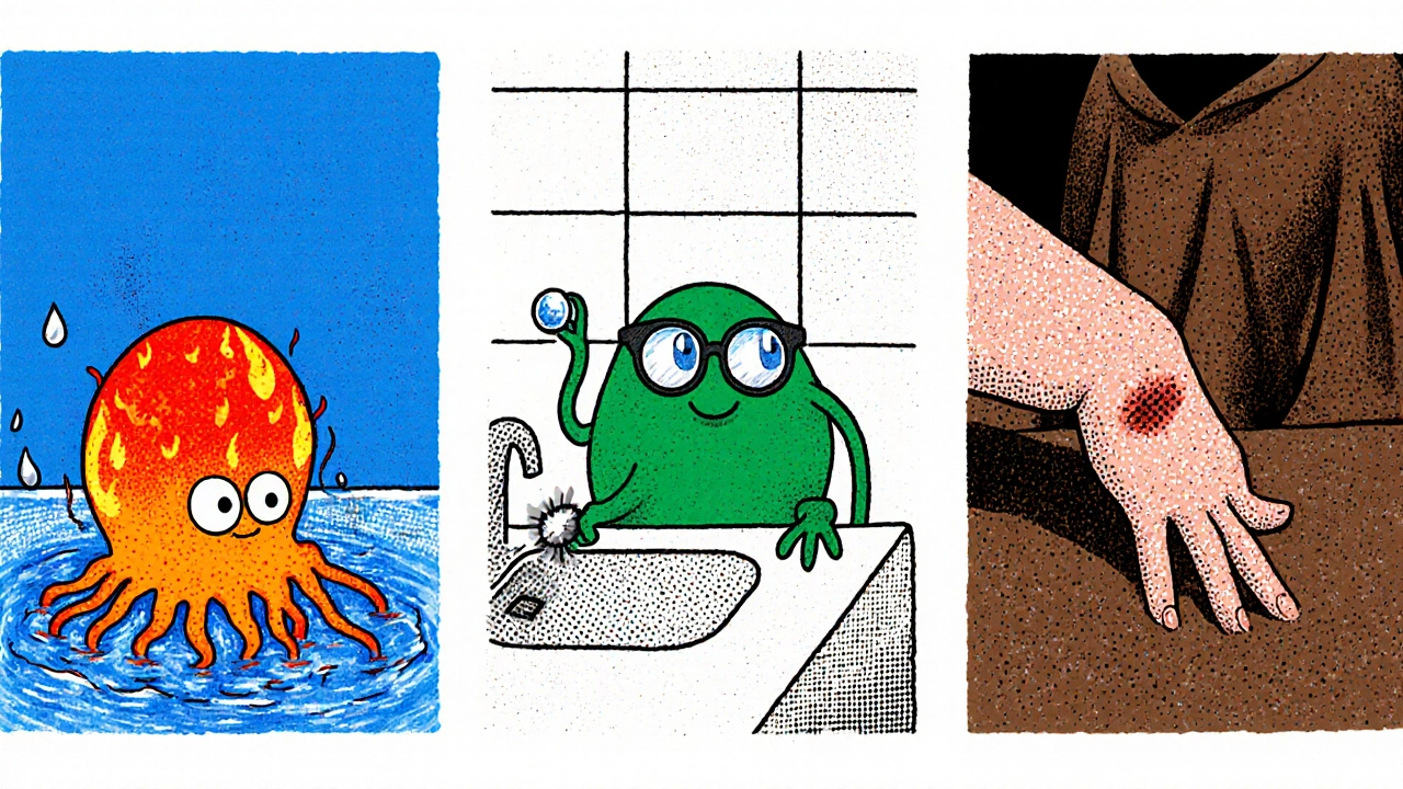 Three cartoon amoebae: fiery Naegleria in water, green Acanthamoeba by a contact lens, brown Balamuthia in soil.