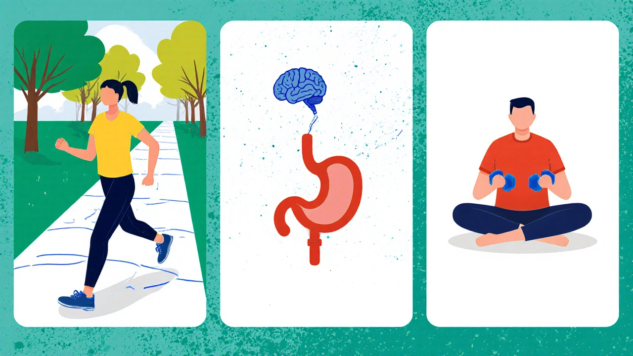 Three cartoon figures exercising: walking, lifting light weights, and doing a yoga pose, with a gut‑brain connection.
