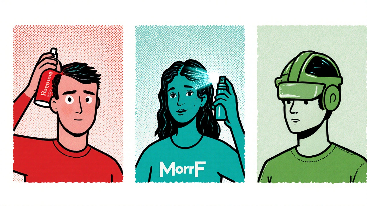 Three side‑by‑side cartoon figures using Rogaine, Morr F spray, and a laser cap.