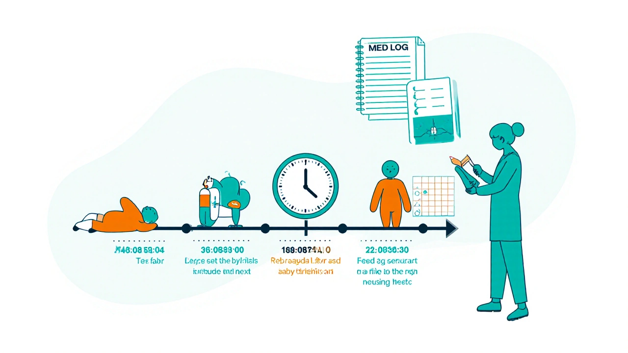 Timeline of a mother feeding, taking medication, waiting, and pediatric check, emphasizing monitoring while nursing.