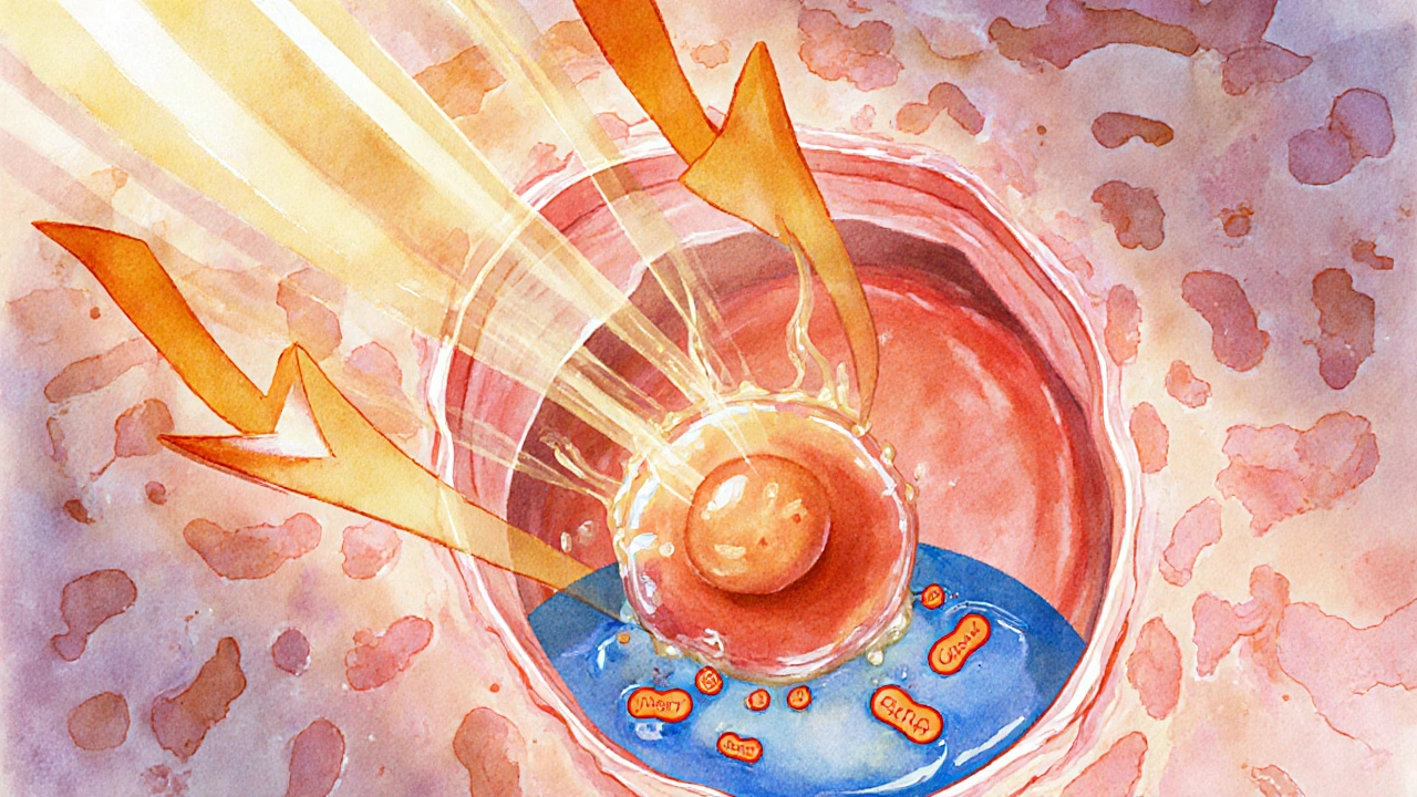 Watercolor of skin layers showing UV rays, broken barrier, sebum, and bacteria.