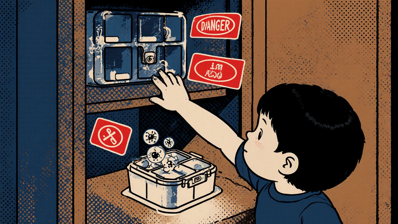 A child reaches for an open pill box on the counter while a secure one is stored safely out of reach.