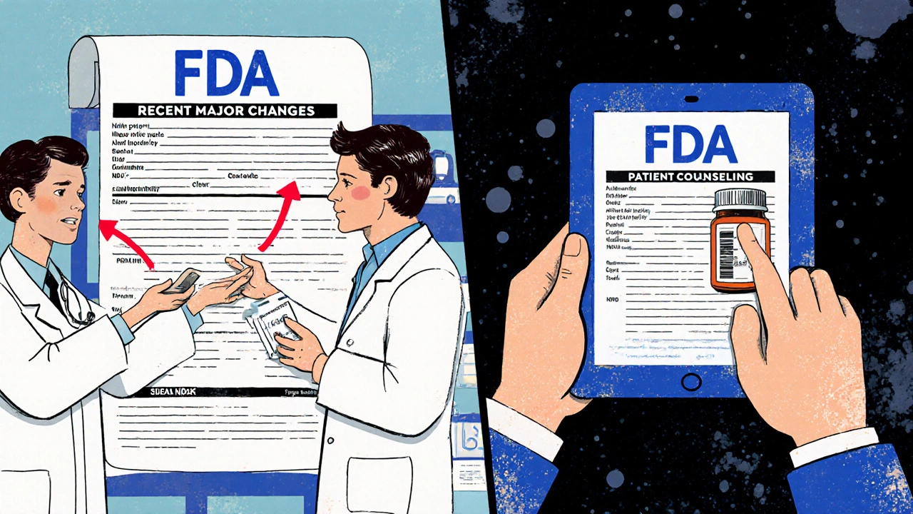 A doctor and patient comparing a drug label with a pill bottle’s NDC code, rendered in retro screenprint style.
