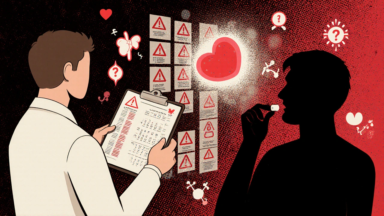 A doctor examines misleading test results while a patient takes biotin, surrounded by floating hormone icons.