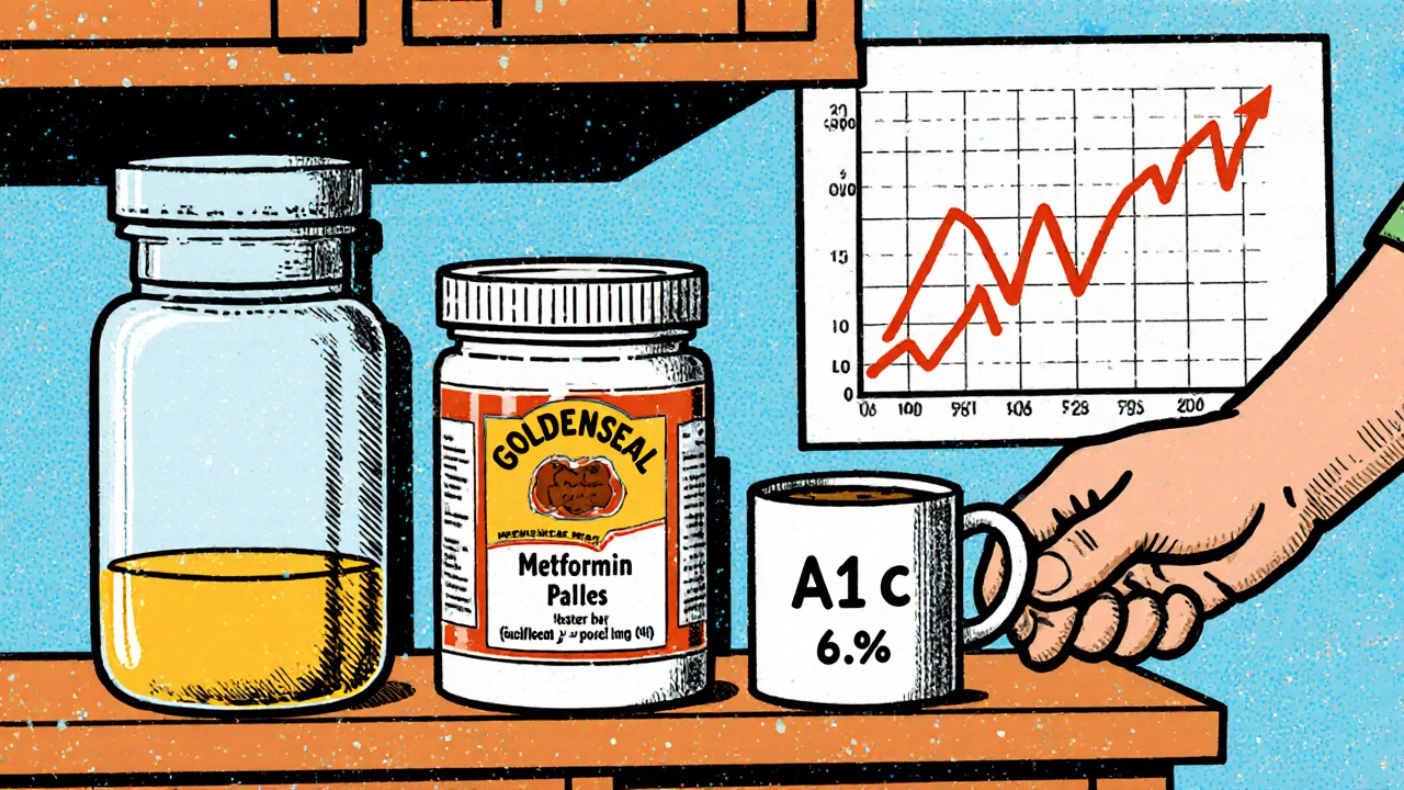A kitchen counter with herbal supplement and metformin bottles, a rising blood sugar graph in the background as someone calls for help.