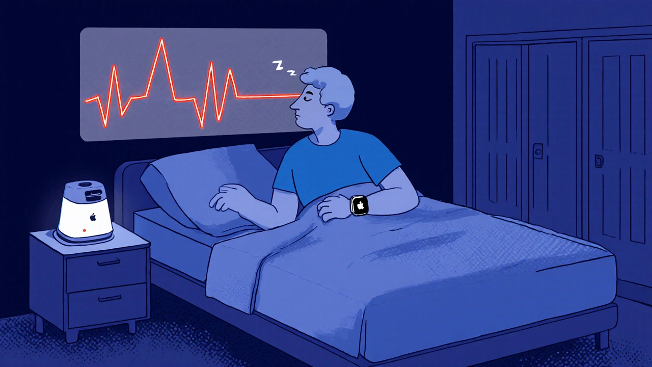 A man sleeping with a vibrating smartwatch and CPAP machine, heart rate graph above bed.